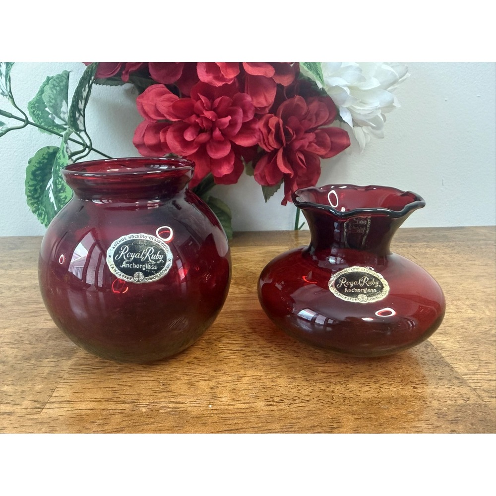 Vintage Anchor Hocking Royal Ruby Glass Vases Pair‎ MCM Holiday Decor Red Gift